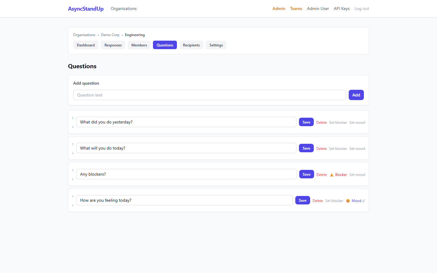 Team Questions page