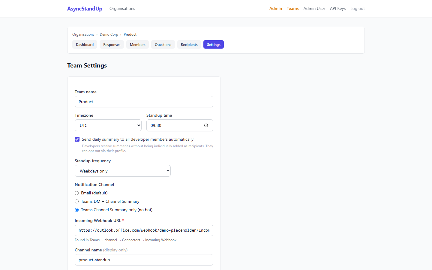 Team Settings — MS Teams mode selector